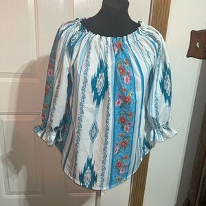 Floral Striped Women's Top - Blue and White